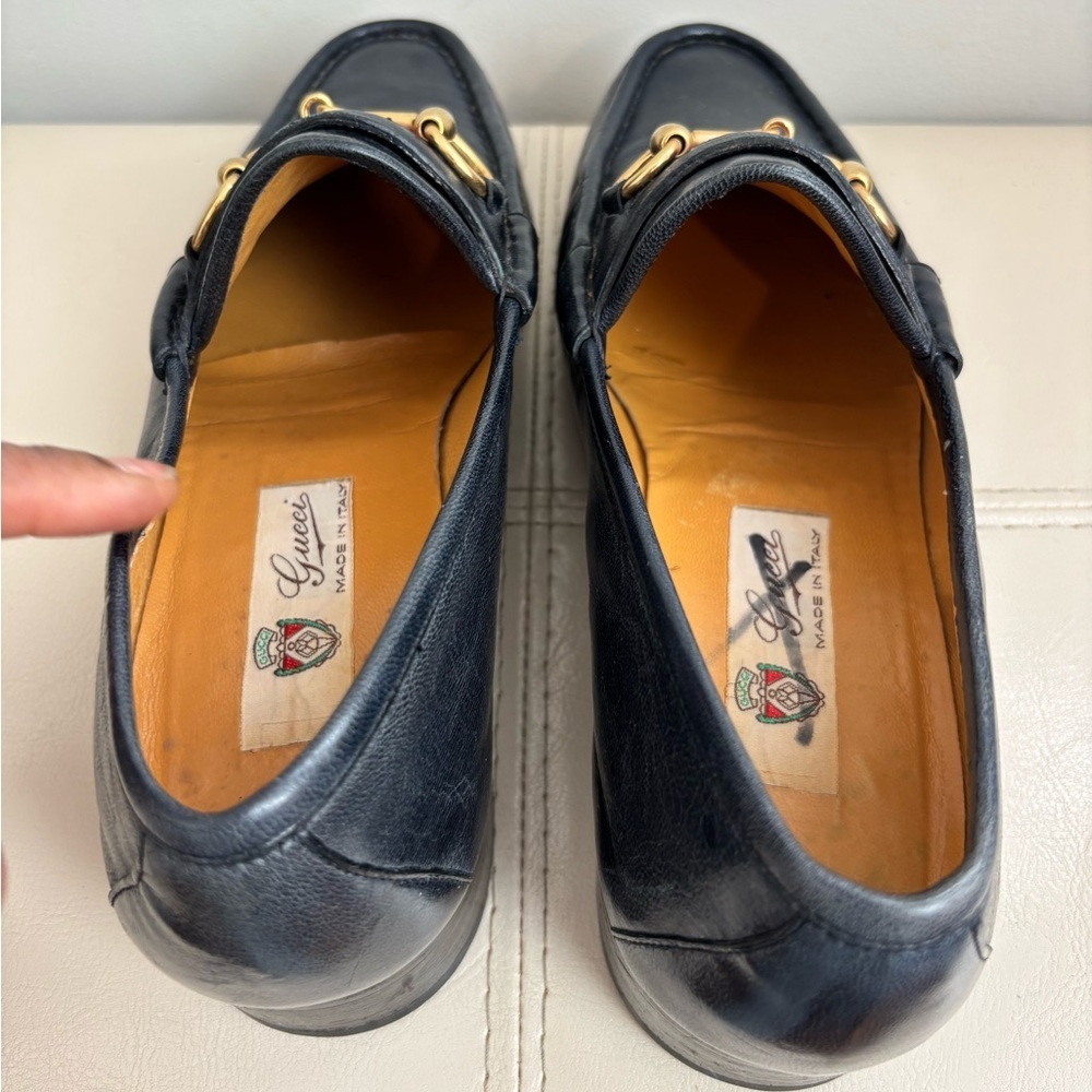 Vintage Gucci Gold Horse-bit Navy Blue Leather Loafers With Red Stripes Size 42S - Picture 13 of 13